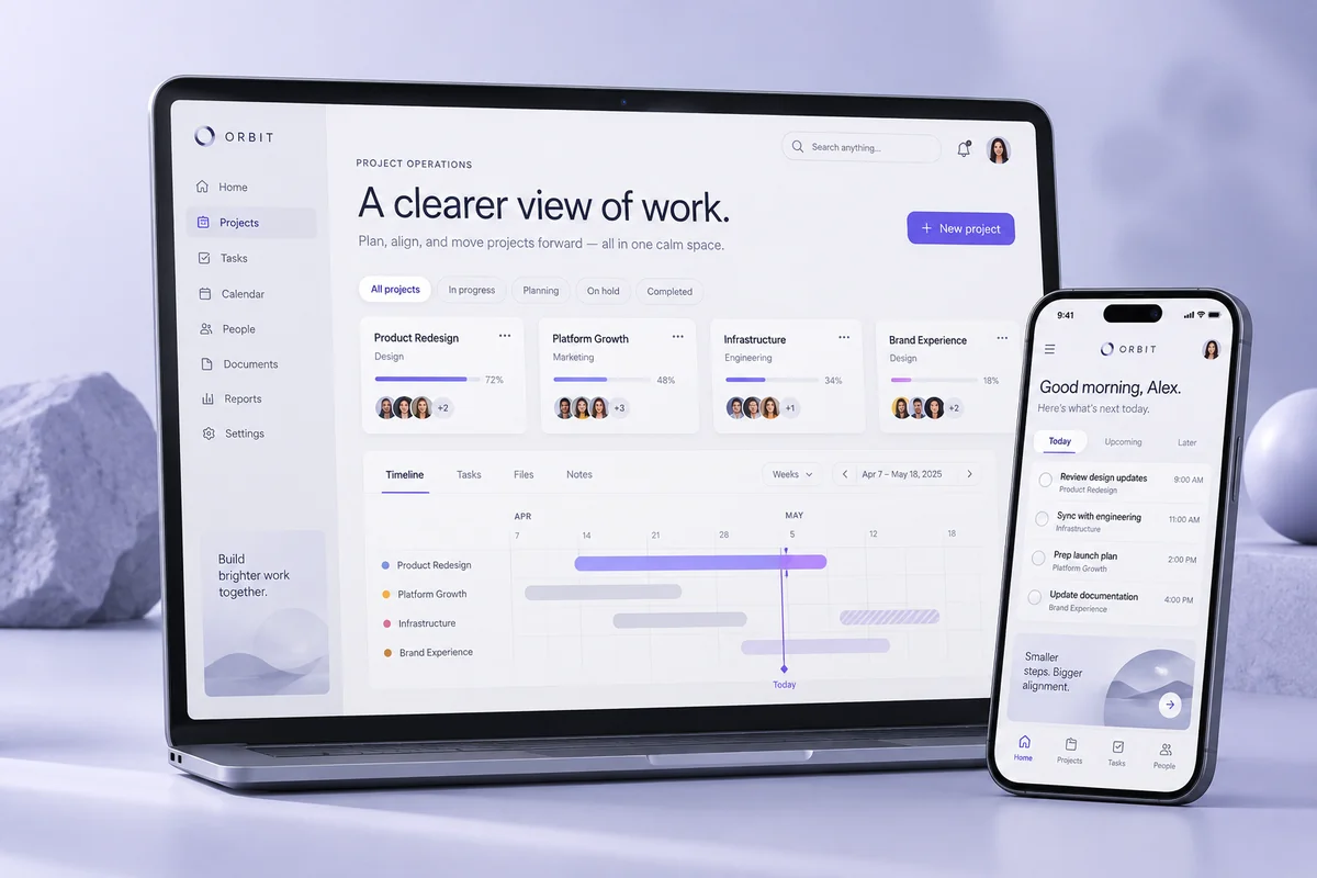 ORBIT concept: a calm project workspace with matching desktop and mobile interfaces