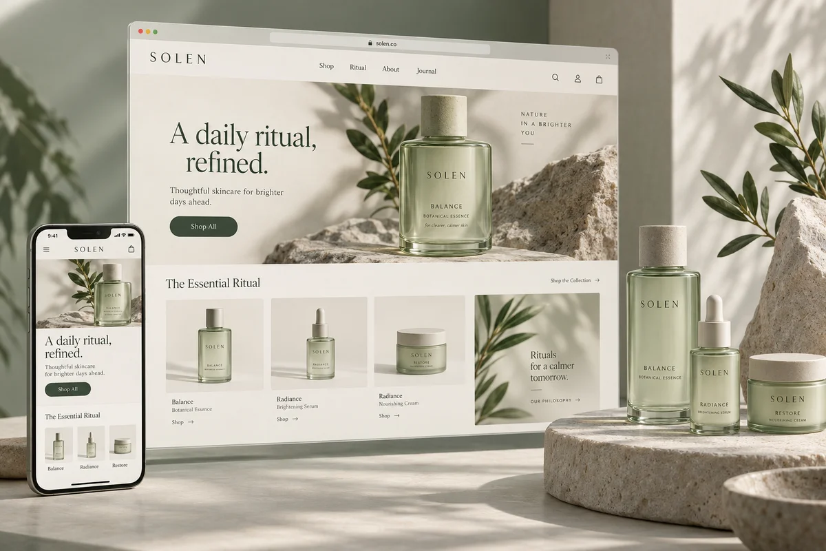 SOLEN concept: a sage and cream skincare shop, with desktop and mobile product pages