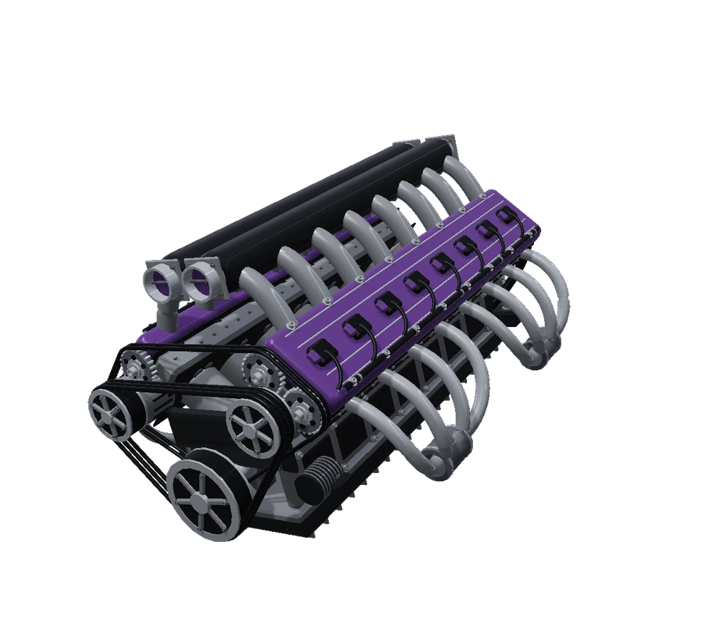 Sixteen-cylinder engine with machined metal components and purple covers
